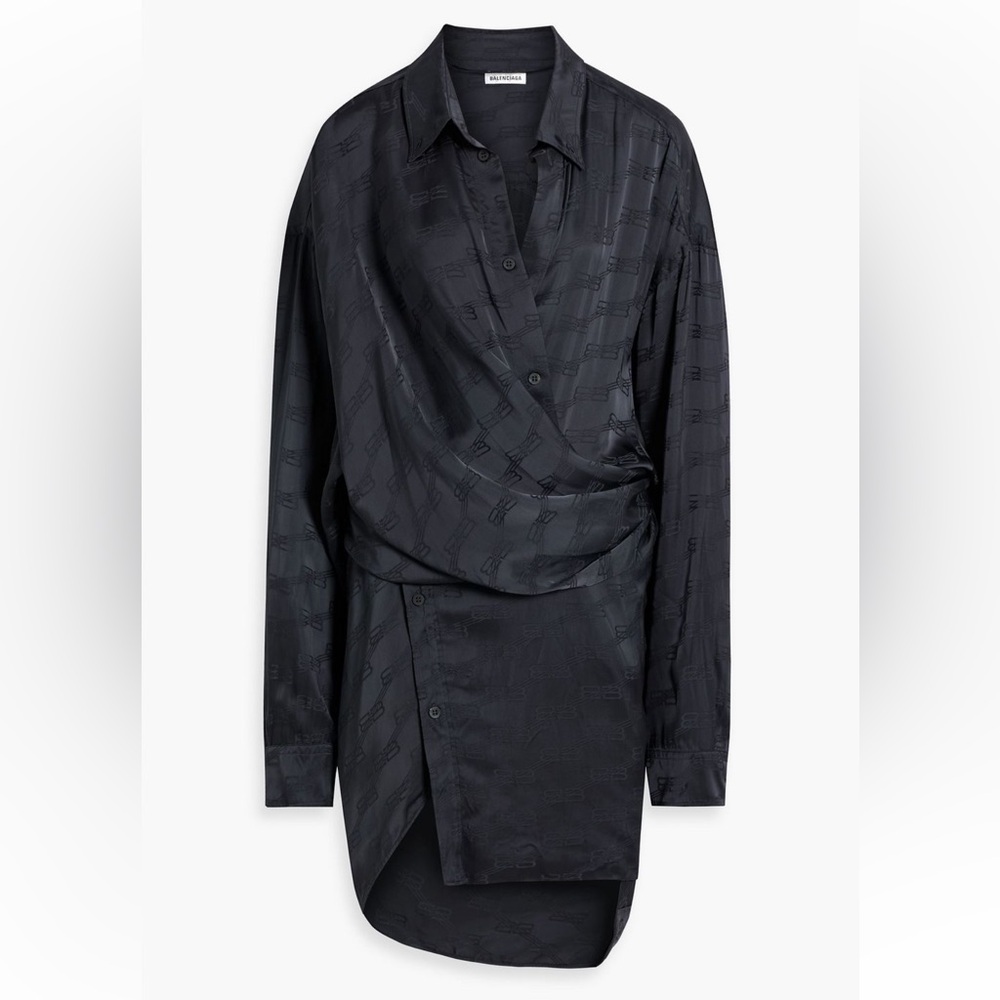 New Balenciaga Black Satin Logo Jacquard Asymmetrical Wrap Dress 42